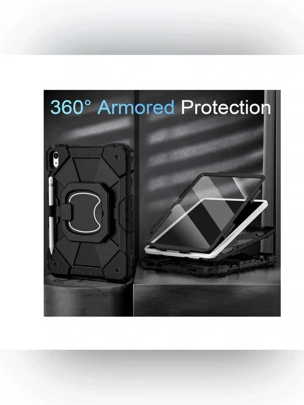 Rugged Black Tablet Case with Kickstand and Pencil Holder